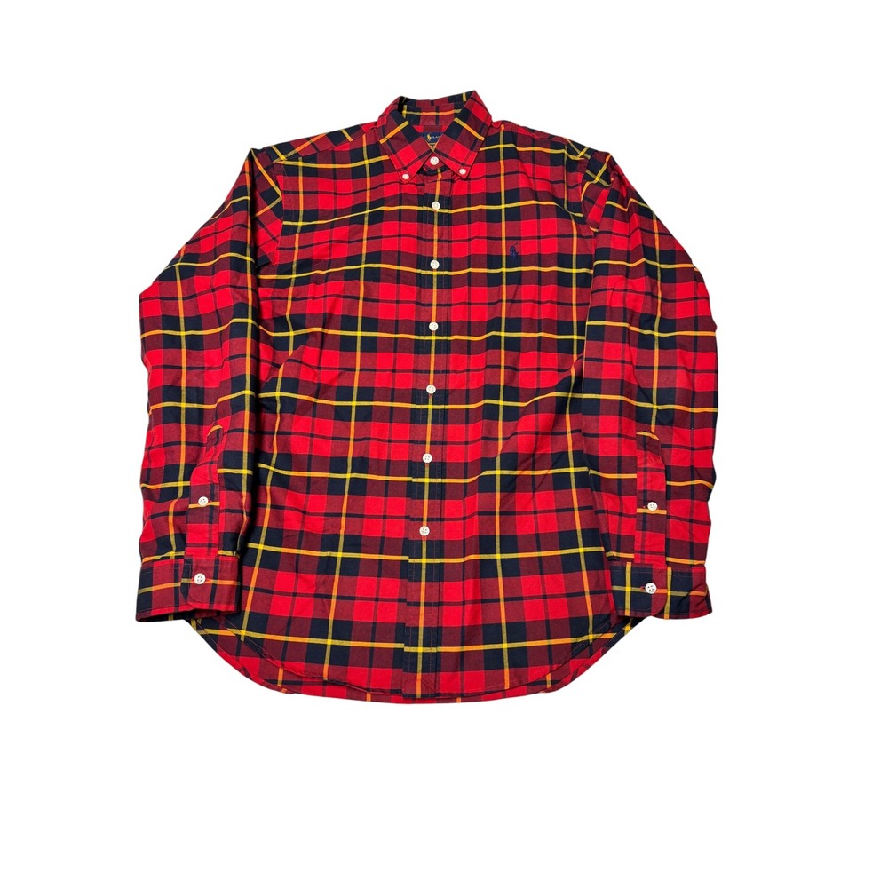 Polo Ralph Lauren Mens Classic Fit Red Navy Yellow Plaid Cotton Shirt Size M